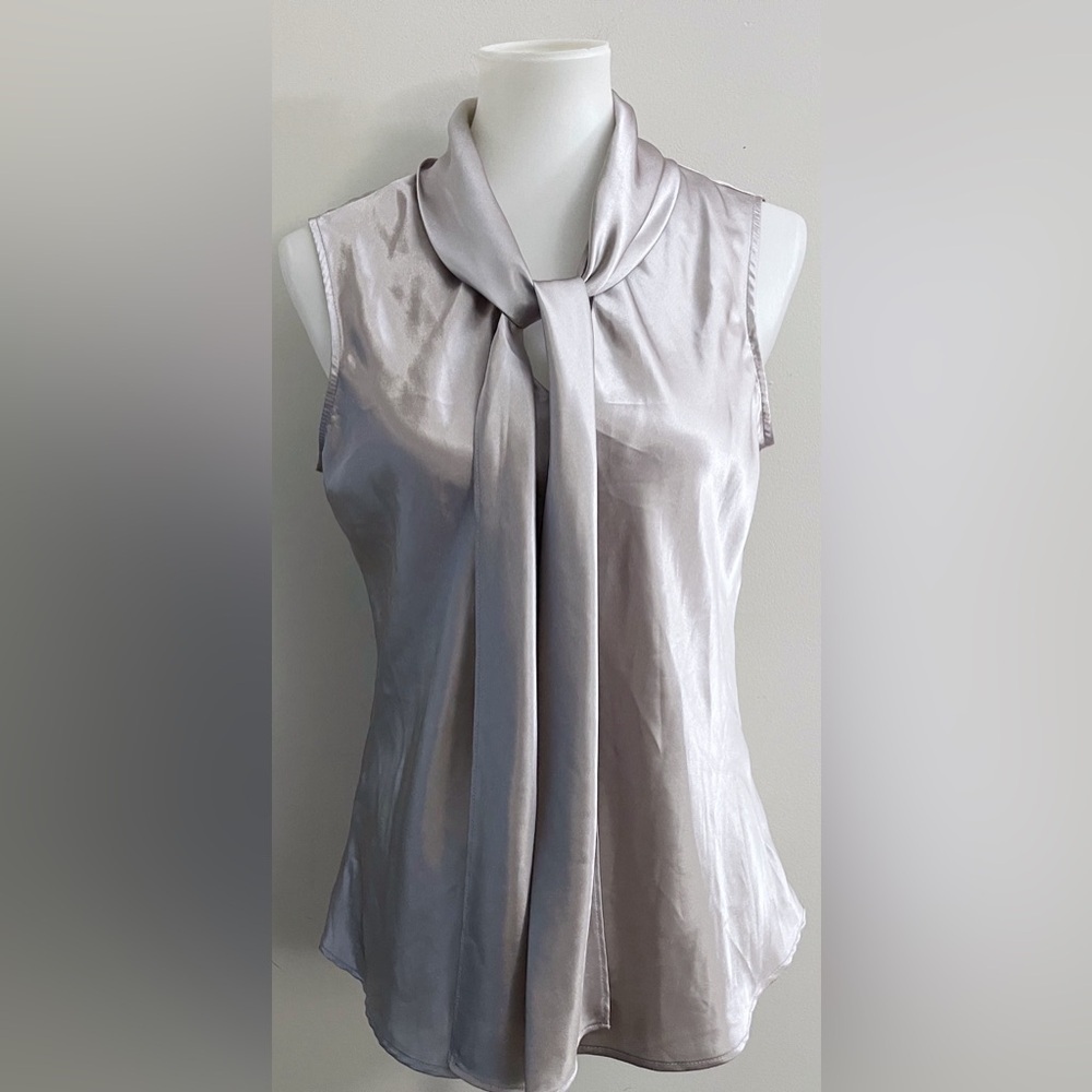 Evan Picone Silver Gray Sateen Tie-Neck Blouse Holiday Workwear Christmas Chic
